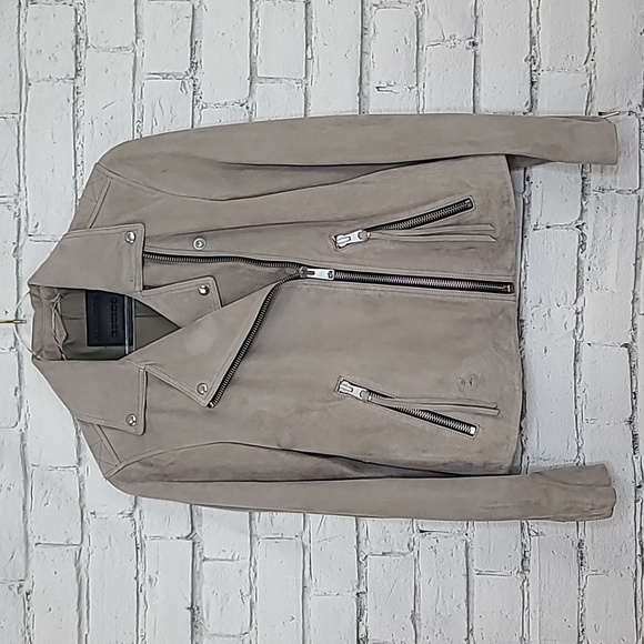 All Saints Dalby Slim Fit Cropped Suede Leather Biker Jacket in Taupe - Picture 6 of 17